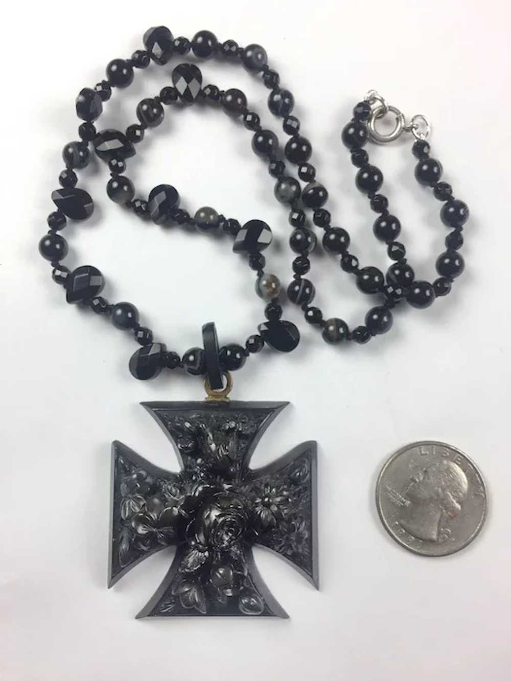 Large RARE Vulcanite Mourning Cross / Black Onyx … - image 6