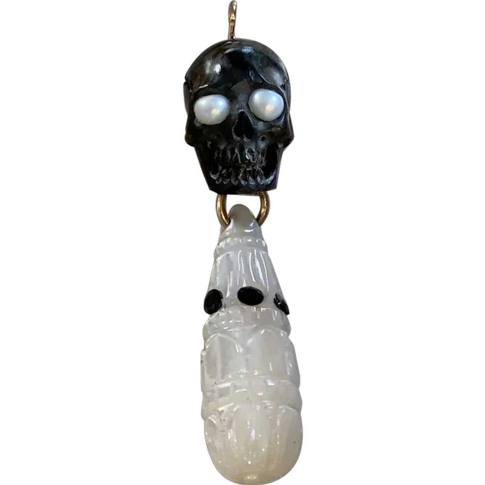Black Horn Skull, Black Onyx, Cultured Pearl carv… - image 1