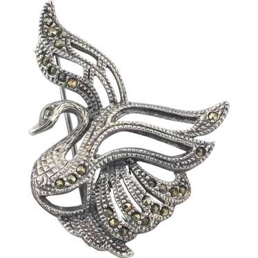 Sterling Silver Marcasite Swan Bird Pin Brooch