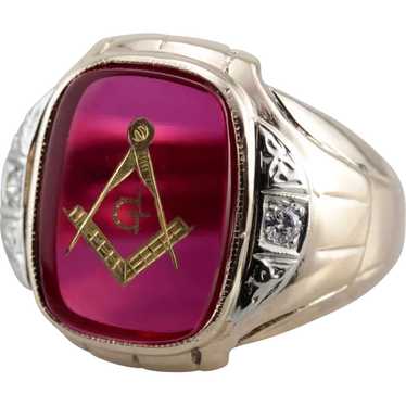 Bold Ruby Red Glass Masonic Ring with Diamond Acc… - image 1