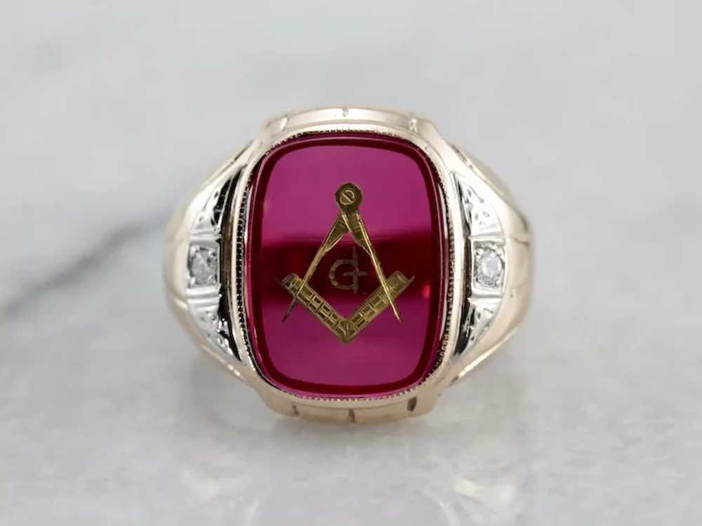 Bold Ruby Red Glass Masonic Ring with Diamond Acc… - image 2