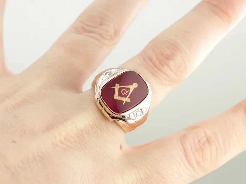 Bold Ruby Red Glass Masonic Ring with Diamond Acc… - image 4