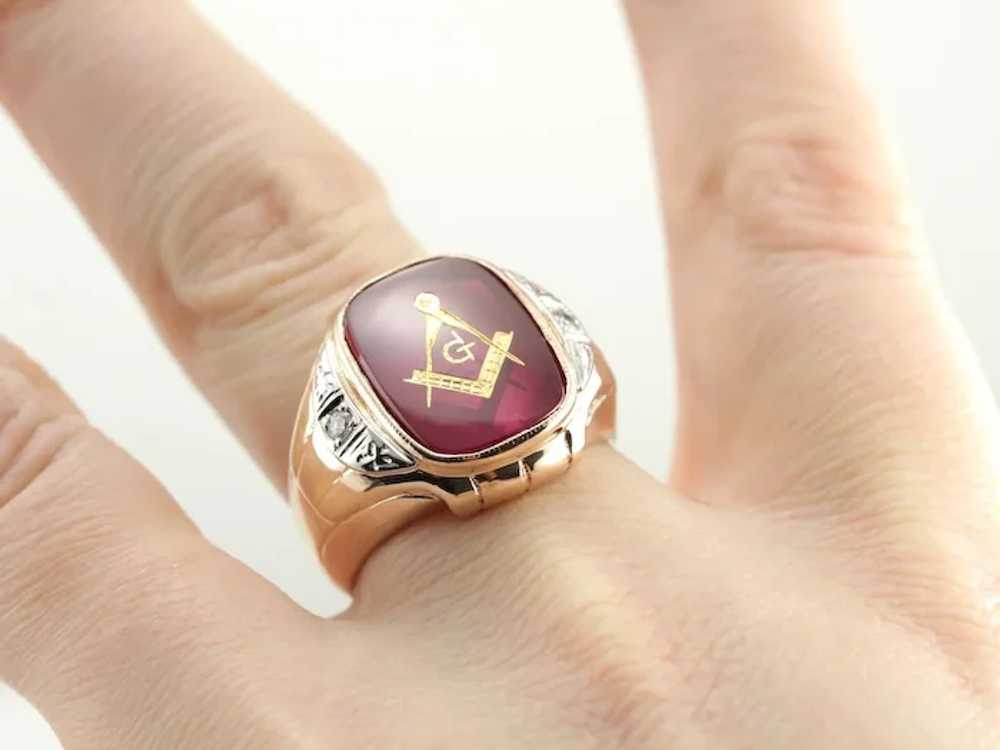 Bold Ruby Red Glass Masonic Ring with Diamond Acc… - image 5