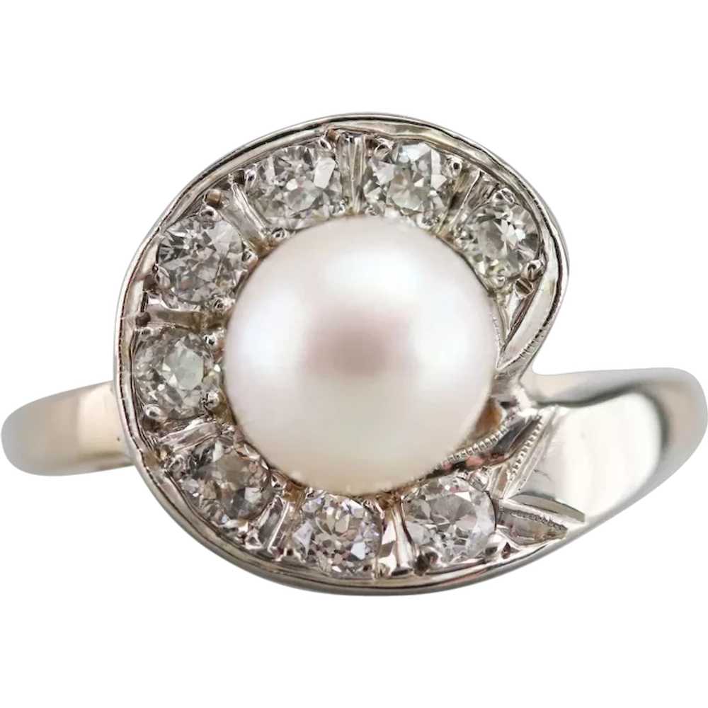 Cultured Pearl and Old Mine Cut Diamond Cocktail … - image 1