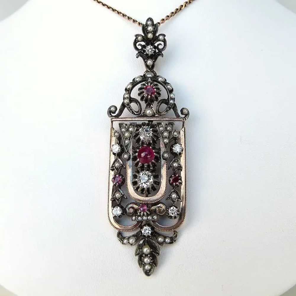 Exquisite Antique Victorian Diamond, Ruby & Pearl… - image 1