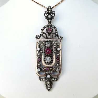 Exquisite Antique Victorian Diamond, Ruby & Pearl… - image 1