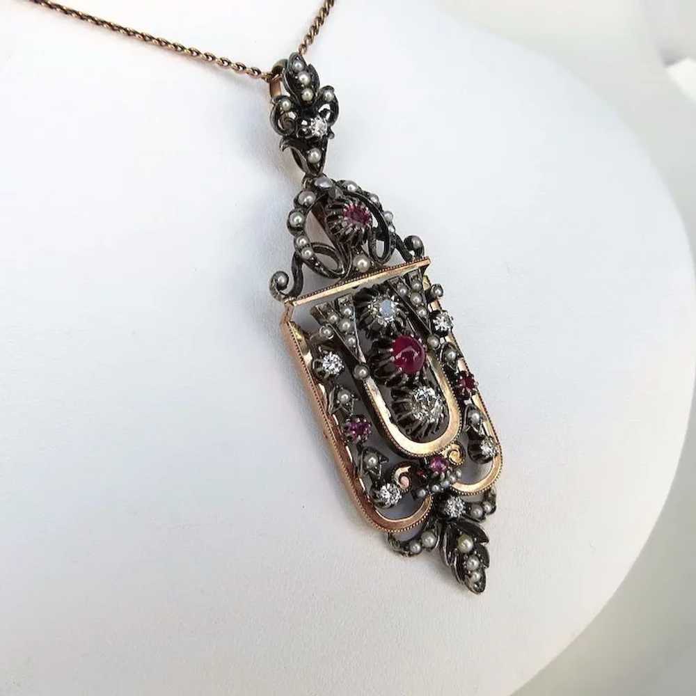 Exquisite Antique Victorian Diamond, Ruby & Pearl… - image 2