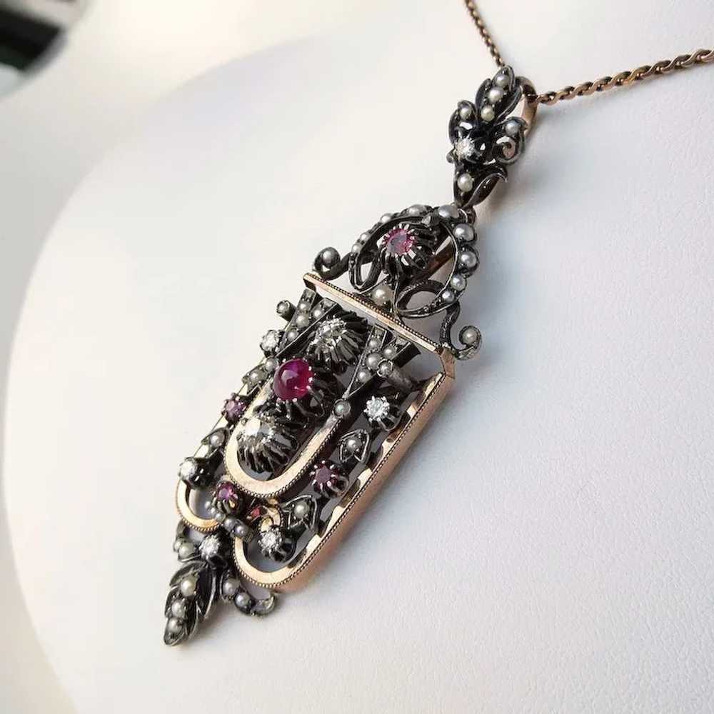 Exquisite Antique Victorian Diamond, Ruby & Pearl… - image 3