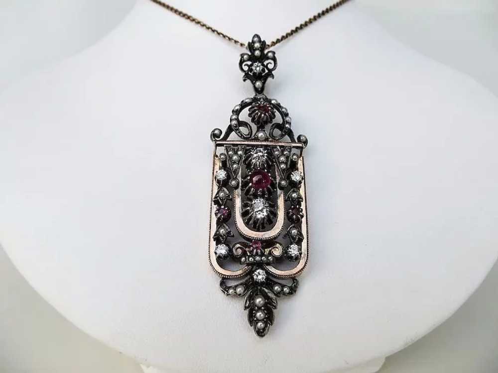 Exquisite Antique Victorian Diamond, Ruby & Pearl… - image 4