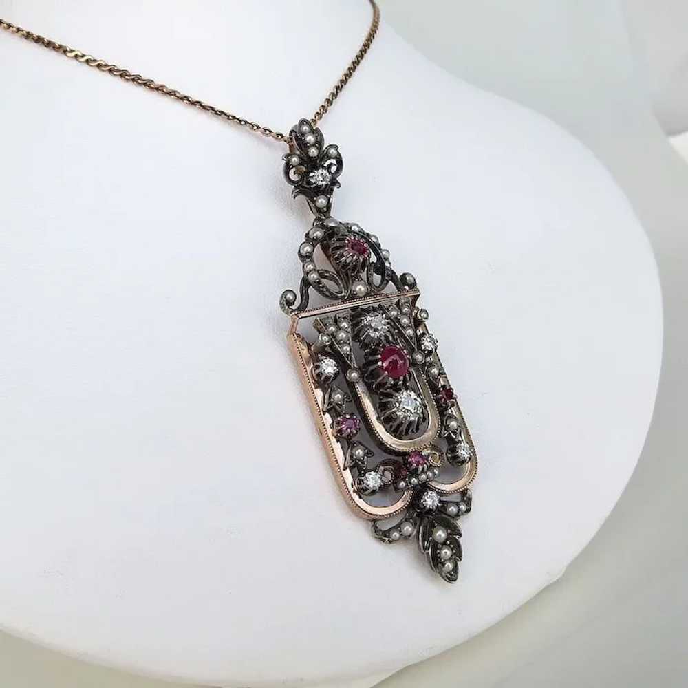 Exquisite Antique Victorian Diamond, Ruby & Pearl… - image 5