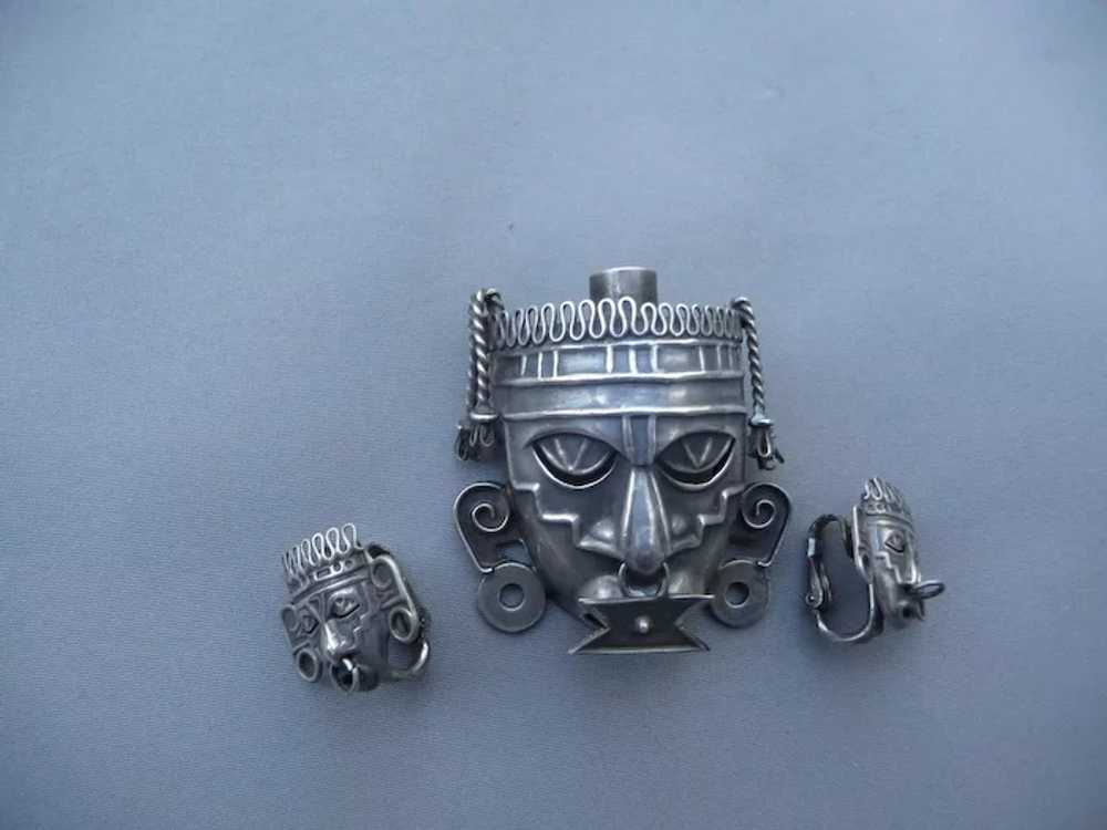 Vintage Mexican Silver Mayan Mask Pin and Earrings - image 2