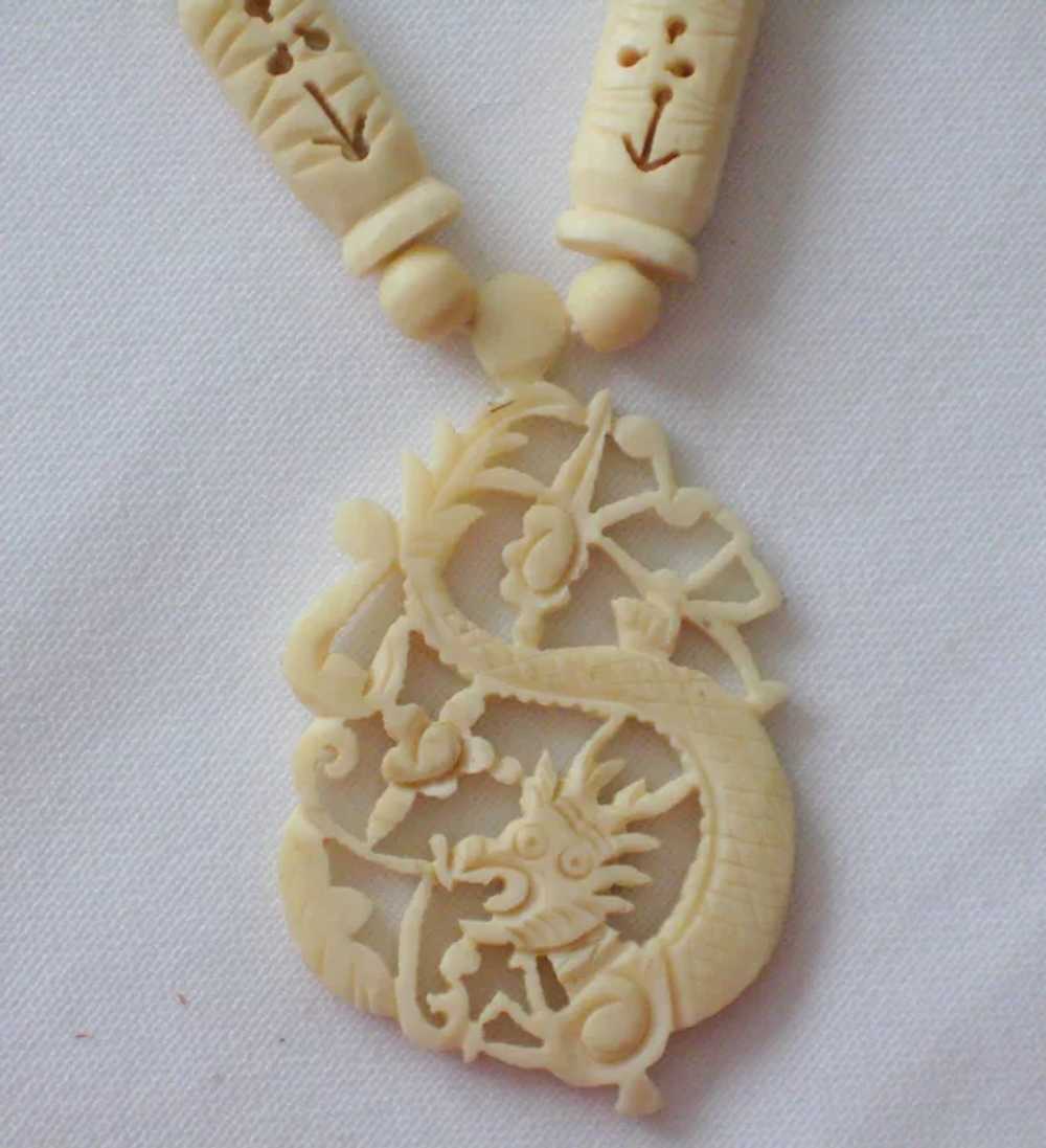 Chinese Hand Carved Bone Dragon Pendant Necklace - Gem