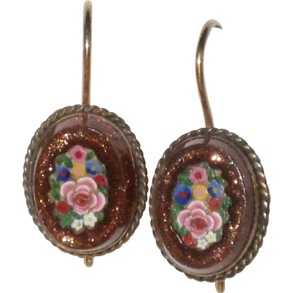 Victorian 12K Micro-mosaic and Goldstone Earrings - image 1