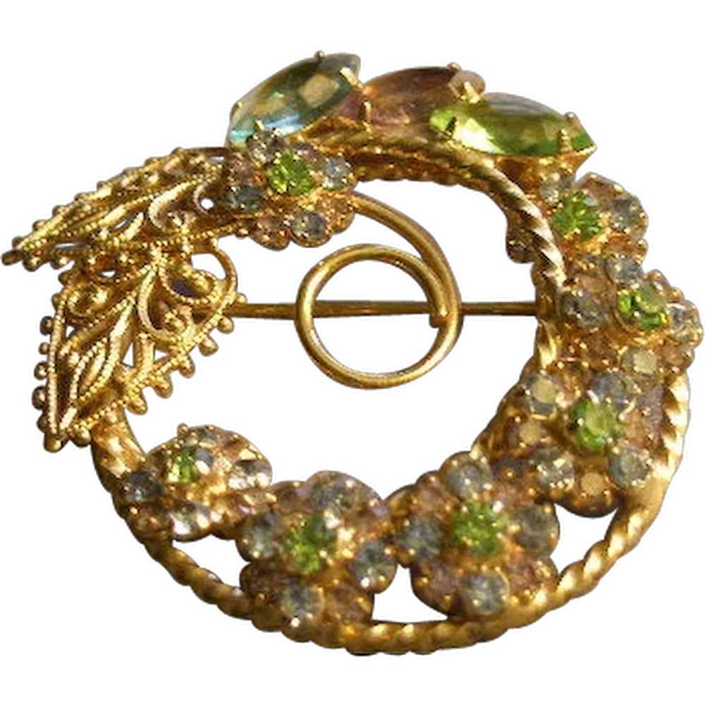 "Hobe" Gold-Tone and Colored Rhinestone Wreath Br… - image 1