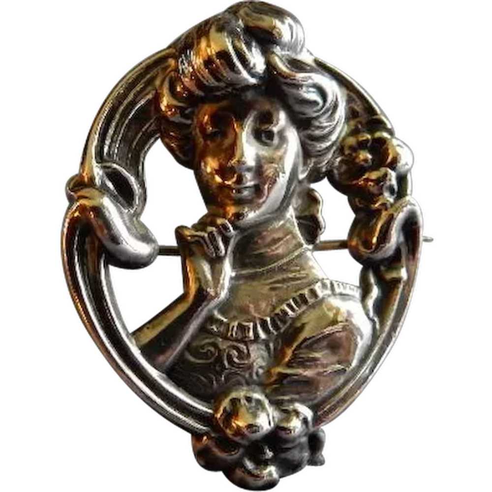 Sterling Silver "Art Nouveau" Repousse Brooch of … - image 1