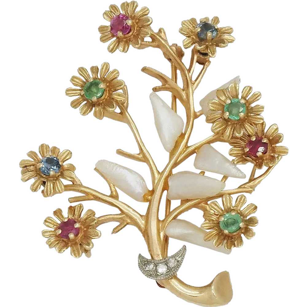 Vintage 14k Yellow Gold Branch & Flower Gemstone … - image 1