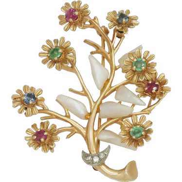 Vintage 14k Yellow Gold Branch & Flower Gemstone … - image 1