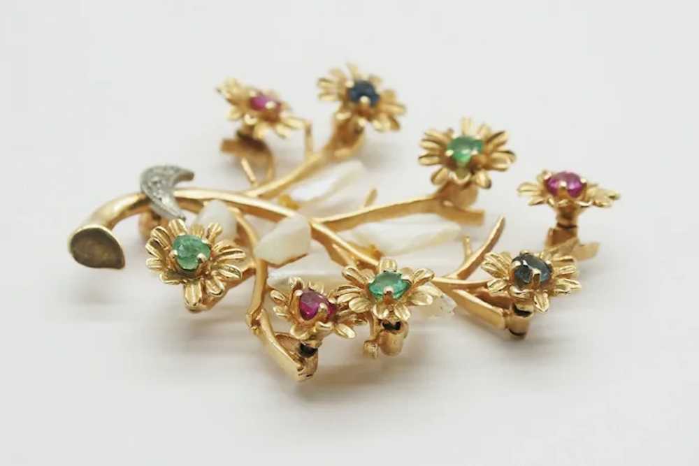 Vintage 14k Yellow Gold Branch & Flower Gemstone … - image 3