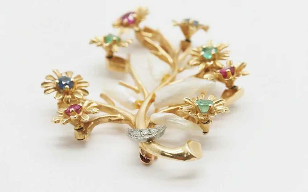Vintage 14k Yellow Gold Branch & Flower Gemstone … - image 4