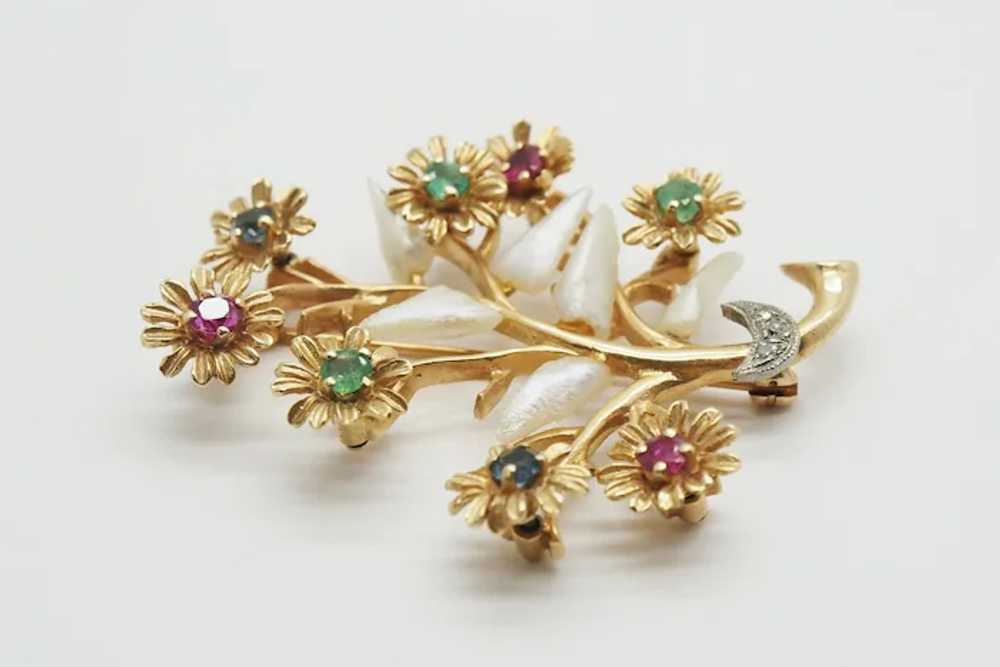Vintage 14k Yellow Gold Branch & Flower Gemstone … - image 5