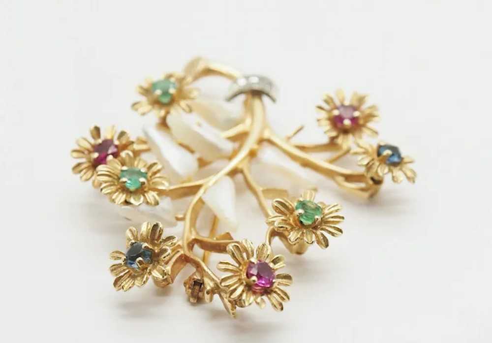 Vintage 14k Yellow Gold Branch & Flower Gemstone … - image 7