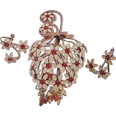 Vintage Floral Umbrella Brooch/Pin & Earrings Enam