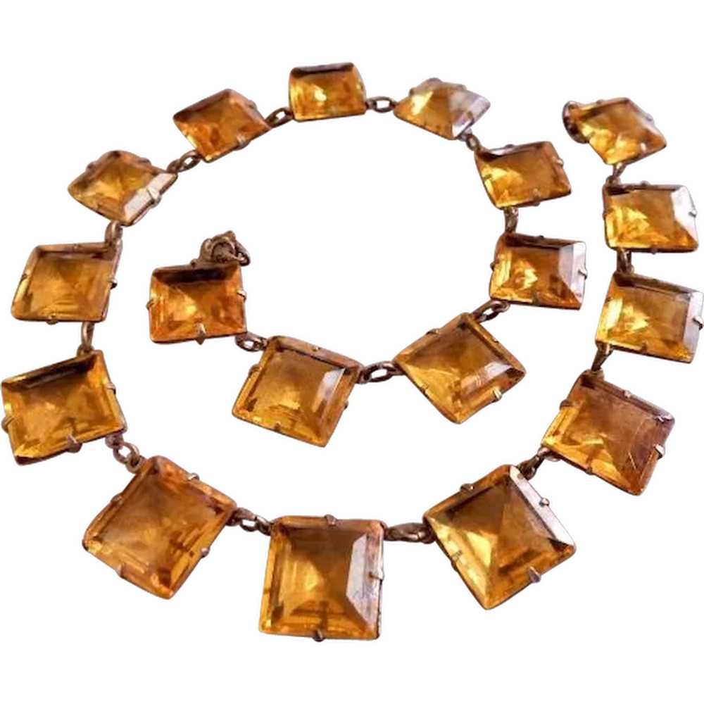 Art Deco Gold-Tone & Czech Faceted Amber Crystals… - image 1