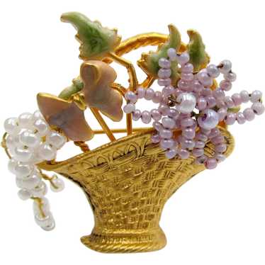 Vintage Gold Plated Seed Pearl and Enamel Floral … - image 1