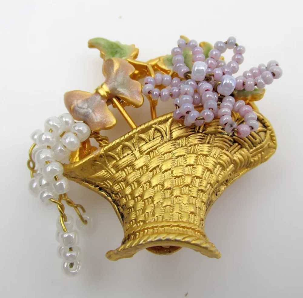 Vintage Gold Plated Seed Pearl and Enamel Floral … - image 2