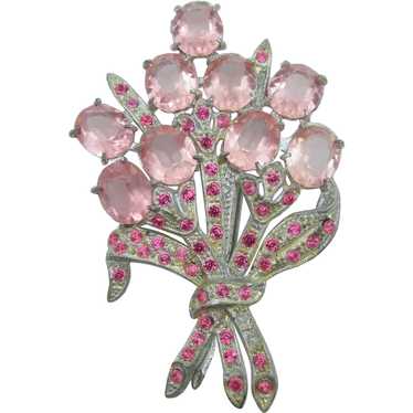 1940s Pink Open-back Rhinestone Floral Bouquet Br… - image 1