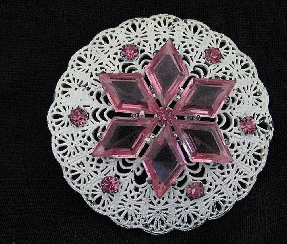 Vintage Pink & White Snowflake or Flower Filigree… - image 1