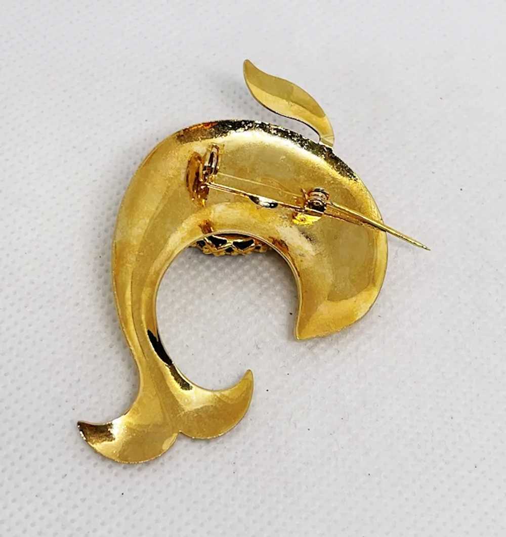 Swimming Dolphin Goldtone Brooch with Oval Black … - image 12