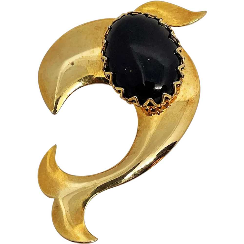 Swimming Dolphin Goldtone Brooch with Oval Black … - image 1