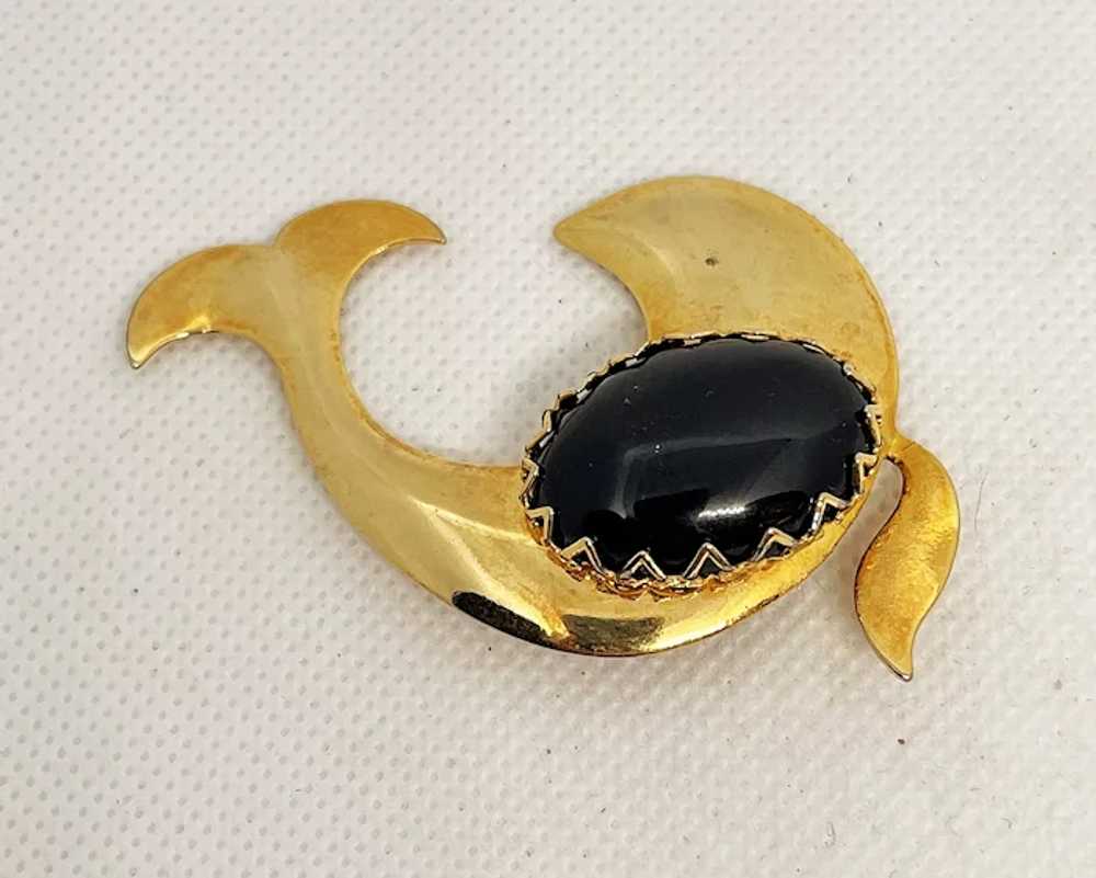 Swimming Dolphin Goldtone Brooch with Oval Black … - image 2