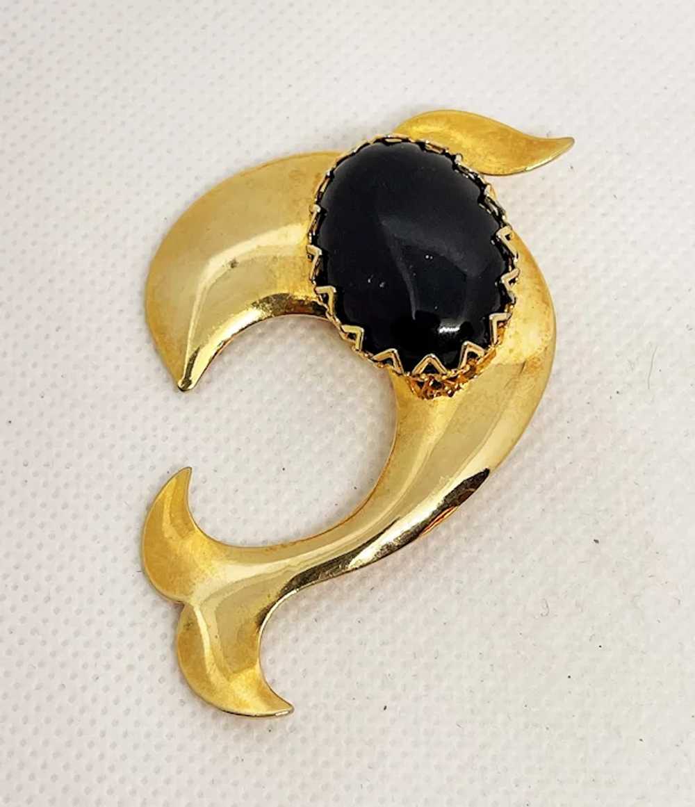 Swimming Dolphin Goldtone Brooch with Oval Black … - image 3