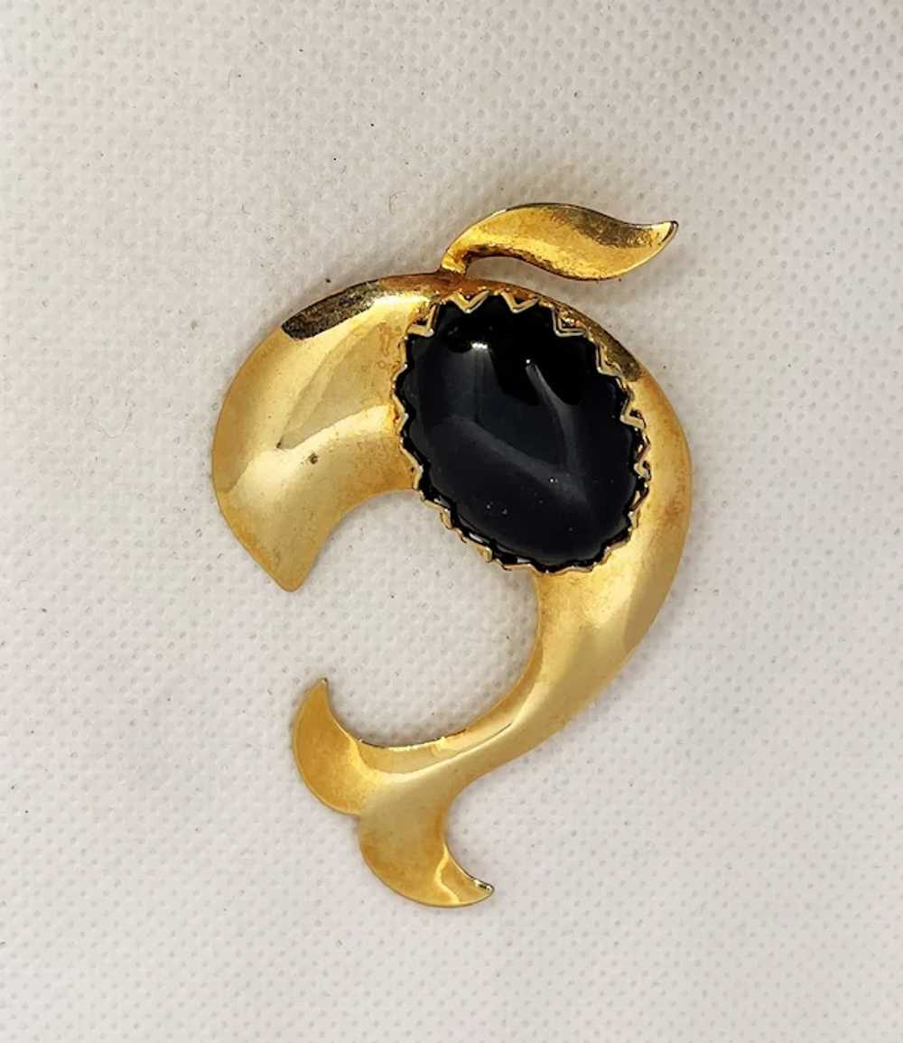 Swimming Dolphin Goldtone Brooch with Oval Black … - image 4