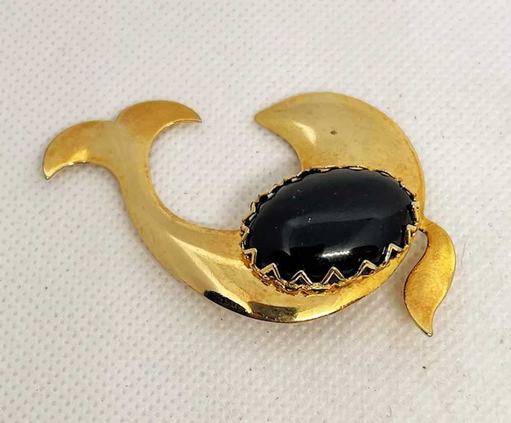 Swimming Dolphin Goldtone Brooch with Oval Black … - image 5