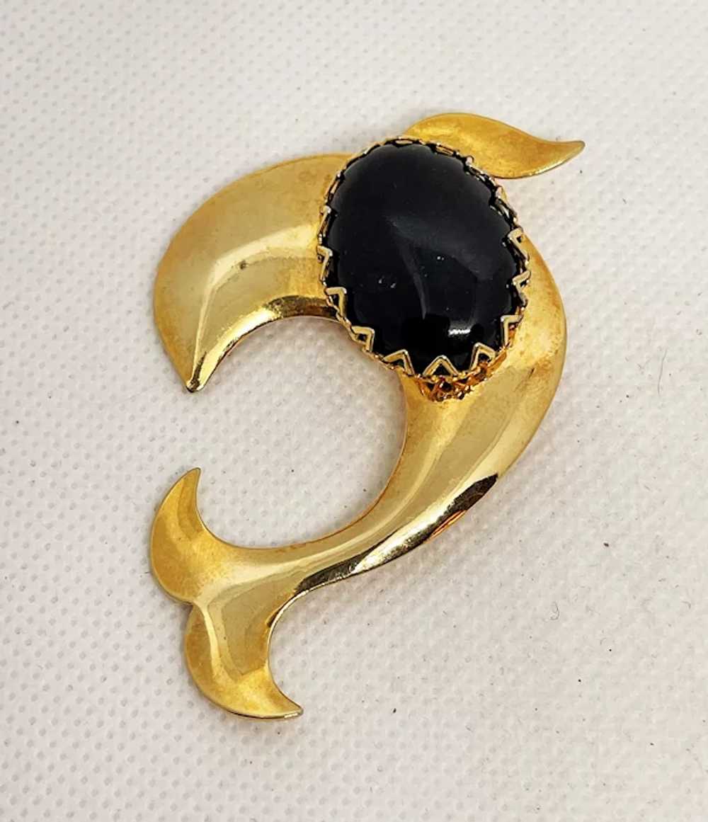 Swimming Dolphin Goldtone Brooch with Oval Black … - image 6