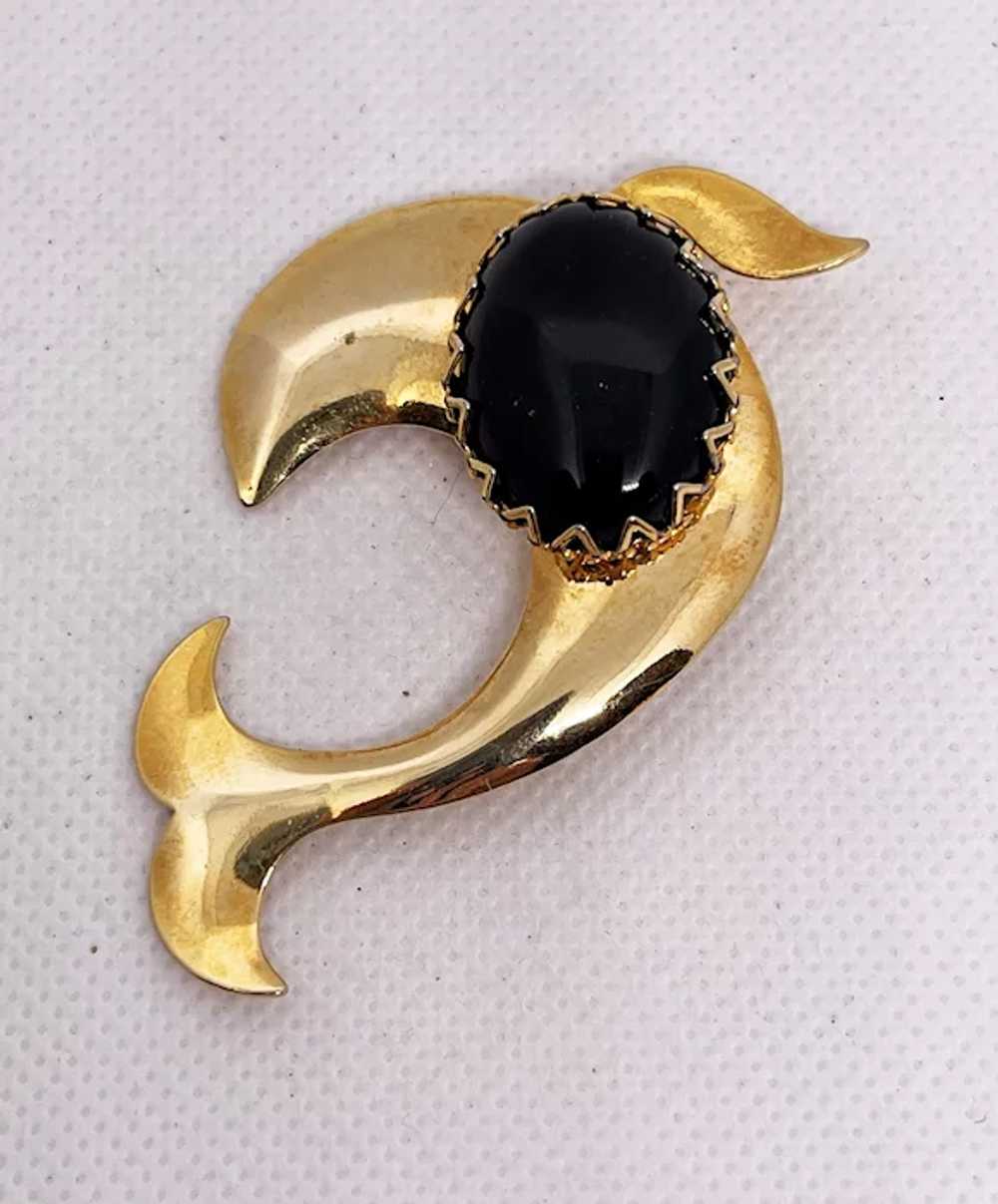 Swimming Dolphin Goldtone Brooch with Oval Black … - image 7