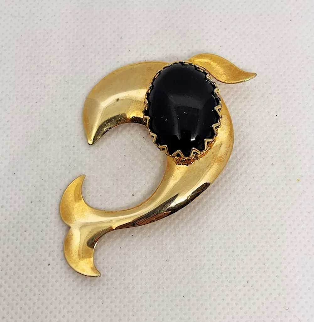 Swimming Dolphin Goldtone Brooch with Oval Black … - image 8