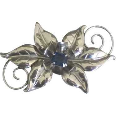 Lovely Vintage Sterling Floral Brooch with Cobalt 