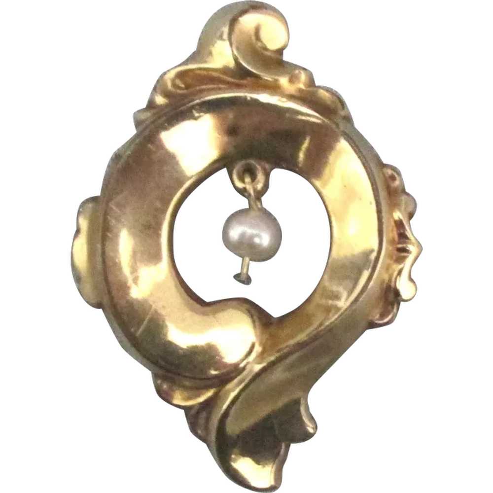 Edwardian Gold Filled Brooch with Pearl Dangle - image 1