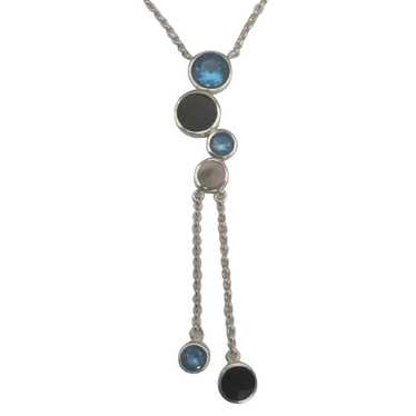 Lovely Sterling Onyx Blue Topaz Lavalier Necklace