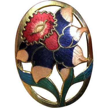 Large Vintage Cloisonne Oval Pierced Floral Goldt… - image 1