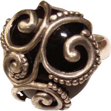 Gorgeous STERLING Black Stone Signed Estate Ring