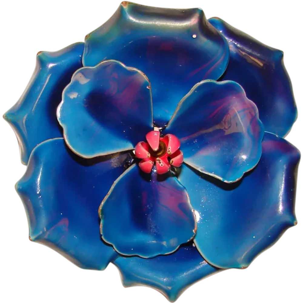 Awesome 1960s Flower Power Blue Flower Enamel Vin… - image 1