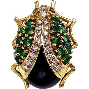 Vintage 18K, Diamond, Emerald, Ruby & Onyx Beetle… - image 1