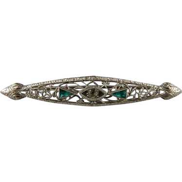 10 Karat Art Deco Emerald and Diamond Bar pin - image 1
