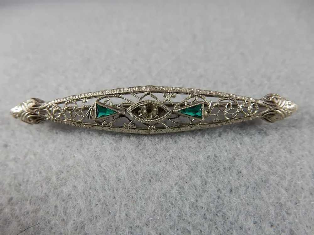 10 Karat Art Deco Emerald and Diamond Bar pin - image 2
