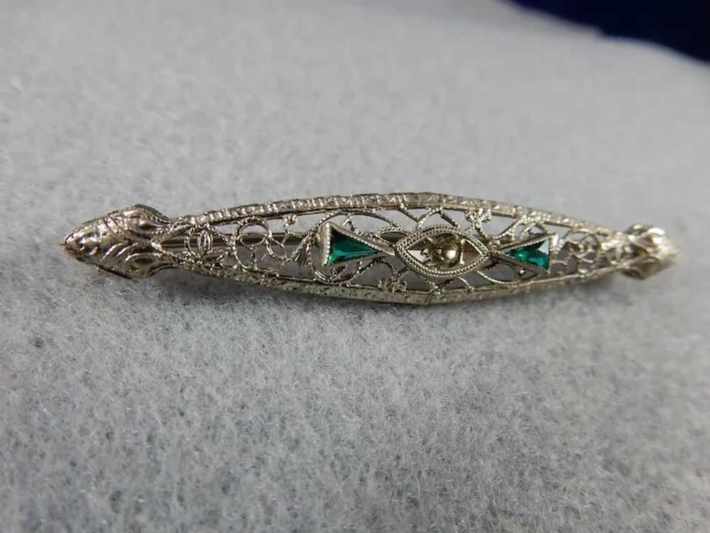 10 Karat Art Deco Emerald and Diamond Bar pin - image 5
